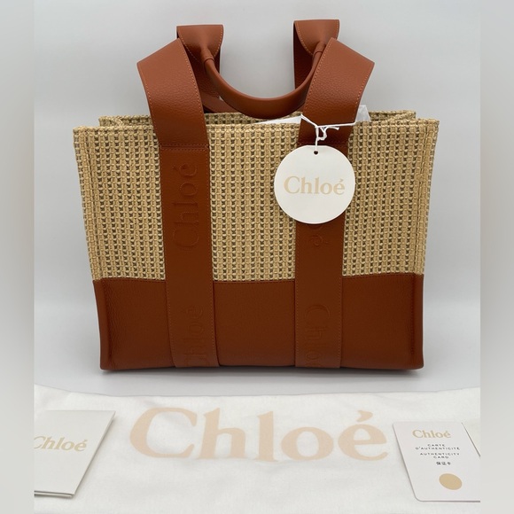 $1950 NEW CHLOE WOODY MEDIUM RAFFIA LEATHER SUMMER TOTE BAG PURSE NWT! - Picture 3 of 11